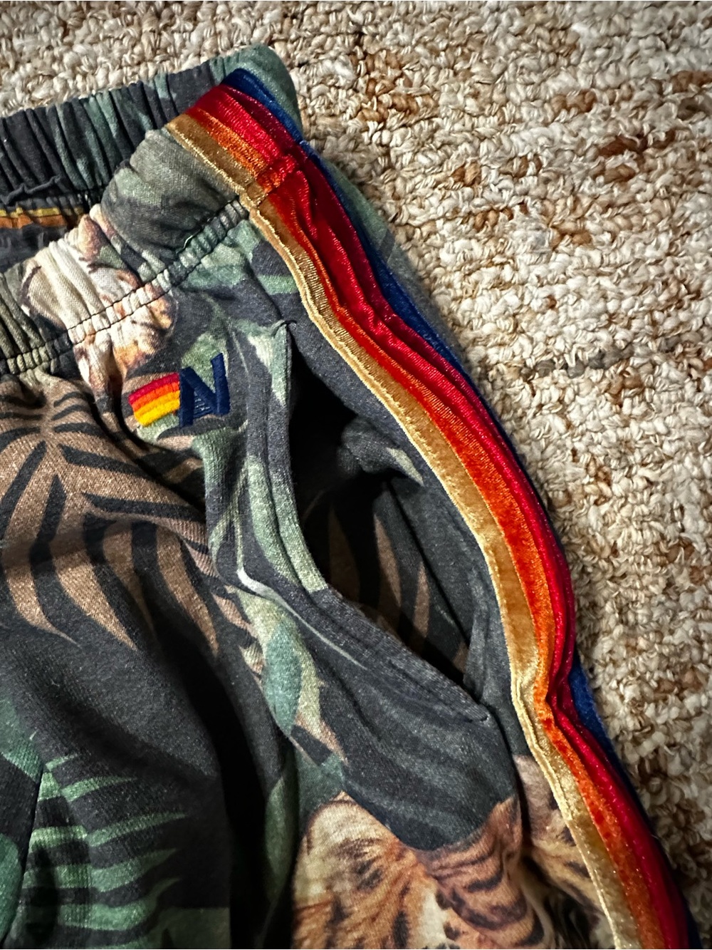 Rare Aviator Nation Green Jungle Tiger-Print Joggers with Red & Gold Stripes - Picture 4 of 6